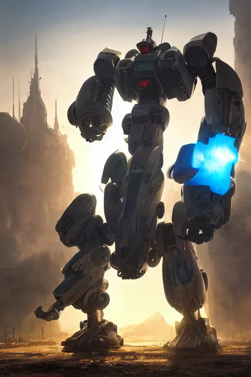 Image similar to mechwarrior 5 : mercenaries mech megaman transformer robot boss tank engine game octane render, 4 k, hd 2 0 2 2 3 d cgi rtx hdr style chrome reflexion glow fanart, global illumination ray tracing hdr fanart arstation by ian pesty by jesper ejsing pixar and disney unreal zbrush central hardmesh