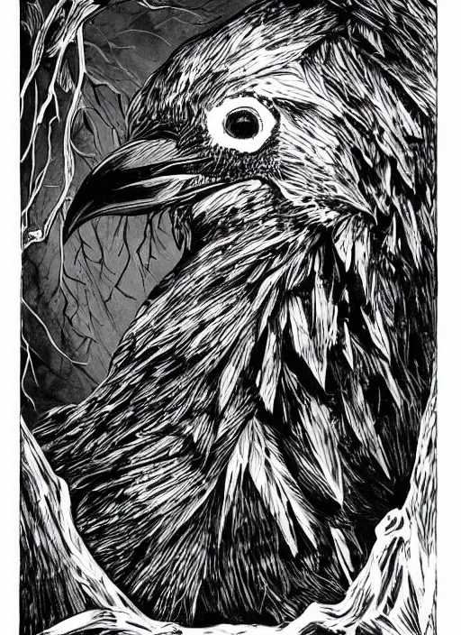 Image similar to cry for dawn cover depicting a raven by joseph michael lisner, masterpiece ink illustration,