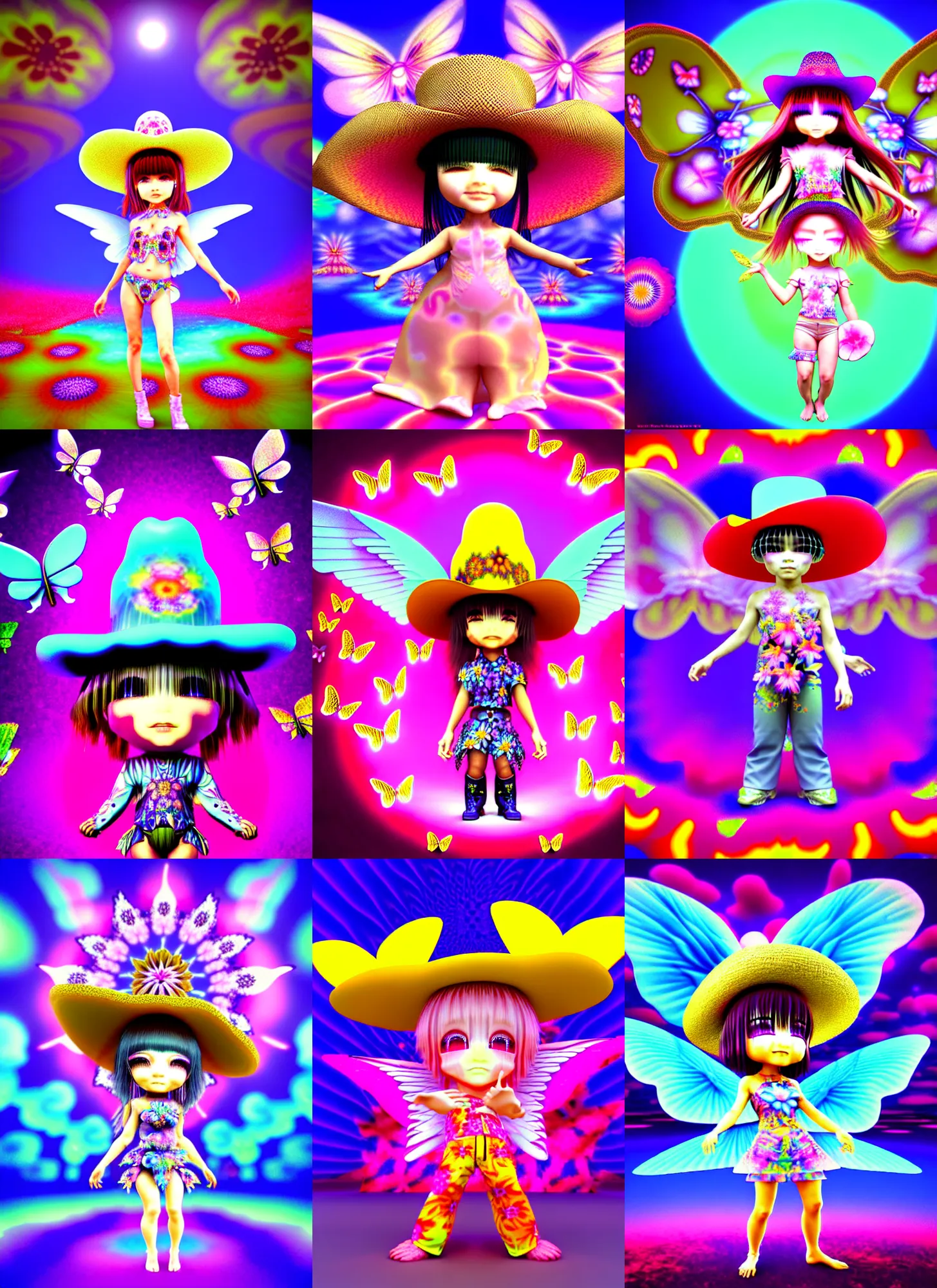 Prompt: 3d render of chibi fantasy flower by Ichiro Tanida wearing a big cowboy hat and wearing angel wings against a psychedelic LSD acid trip swirly background with 3d butterflies and 3d flowers n the style of 1990's CG graphics 3d rendered y2K aesthetic by Ichiro Tanida, 3DO magazine