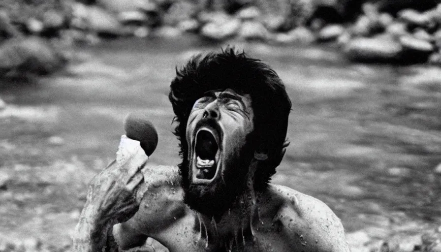 Image similar to 1 9 6 0 s movie still close up of skinny marcus aurelius screaming frozen to death in a river with gravel, pine forests, cinestill 8 0 0 t 3 5 mm b & w, high quality, heavy grain, high detail, texture, dramatic light, anamorphic, hyperrealistic, foggy