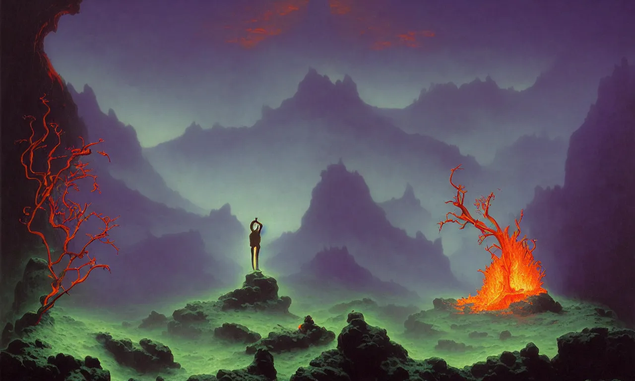 Prompt: The wandering lava mage standing on the misty edge of a fiery caldera by Albert Bierstadt and Gerald Brom and James Gilleard and Craig Mullins and Greg Hildebrandt and Dean Ellis and Arantza Sestayo, smooth round rocks, blue flames, low light, glowing orange and purple crystals, green vines, misty, smoky, tonalism, sfumato