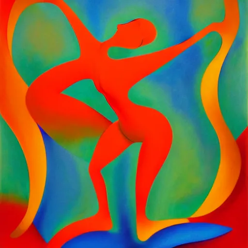 Prompt: woman dances and swims and the rhythm of the water resonates, abstract art in the style of cubism and Georgia o keefe,