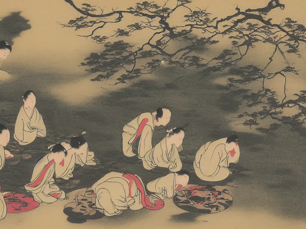 Image similar to four people meditation near a spring, by ohara koson