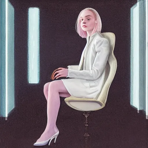 Image similar to Elle Fanning sitting on a white leather chair in the world of Samira Addo, head and shoulders portrait, stormy weather, extremely detailed masterpiece, oil on canvas, low-key neon lighting, artstation, Blade Runner 2049, Roger Deakin’s cinematography, by J. C. Leyendecker and Peter Paul Rubens and Edward Hopper and Michael Sowa,