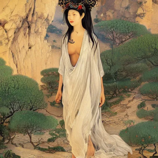 Image similar to beautiful oriental girl walks around Socotra among endemic plants and snags in a long transparent flowing dress and meets mystical animals, mystical insects, mystical birds, lizards, snakes, gorgeous, Atmosphere, hypnotic dimensions, mythology, Rococo, photorealism, in the style of Jin Kagetsu, James Jean and wlop, Valentin Serov style, hyperrealistic, sharp focus, intricate concept art, digital painting, ambient lighting, 4k, hdt, artstation trending on Gsociety, trending on ArtstationHQ, trending on deviantart, professionally post-processed, wide-angle action dynamic portraithyperdetailed, hyper quality, 16K