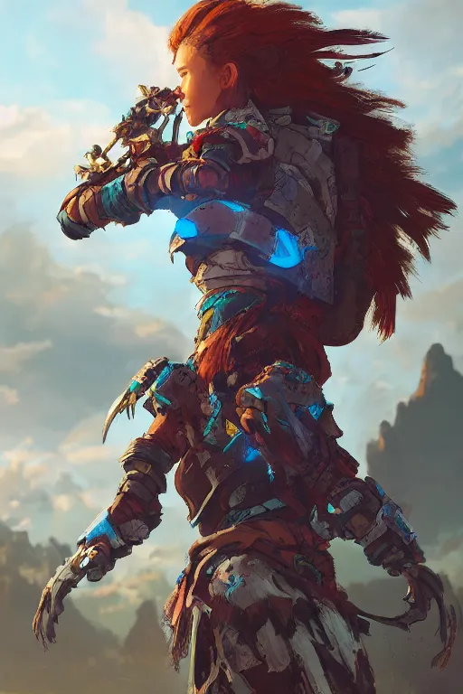 Image similar to combination suit armor aloy horizon forbidden west horizon zero dawn radiating a glowing aura global illumination ray tracing hdr fanart arstation by ian pesty and alena aenami artworks in 4 k tribal robot ninja mask helmet backpack