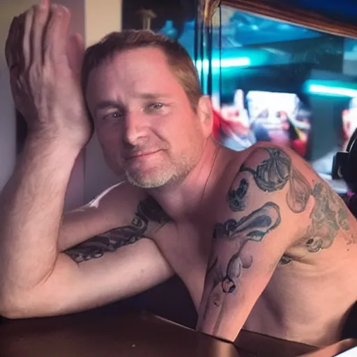 Prompt: photo of a 4 0 year old white man living thinking he's living the best life possible. he looks young for his age. he is at a strip club, the woman can be seen dancing on him, it's as if he were in a music video and didn't know it. sadly he did not realize there is more to life.