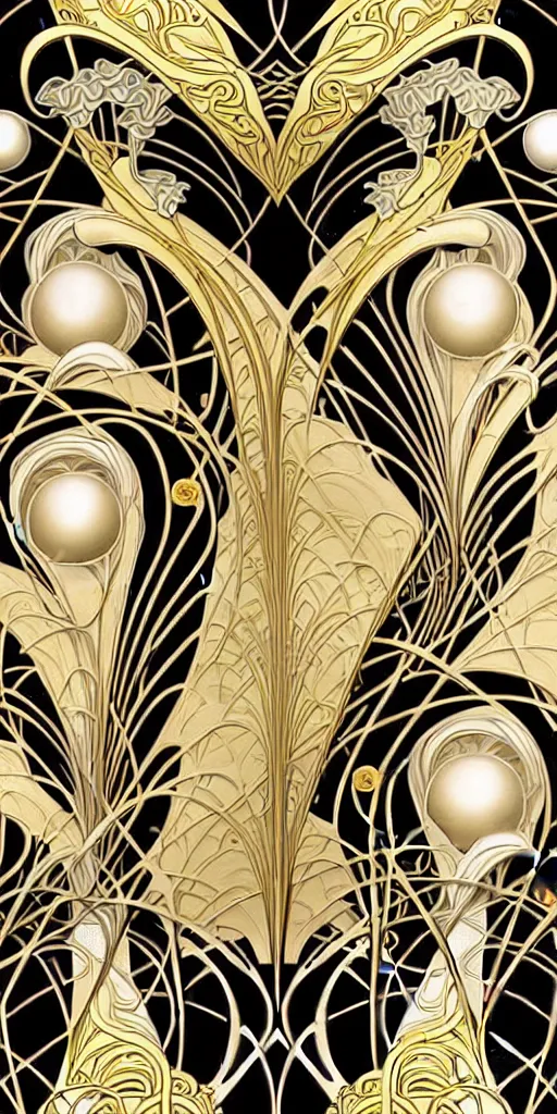 Image similar to the source of future growth dramatic, elaborate emotive Art Nouveau styles to emphasise beauty as a transcendental, seamless pattern, symmetrical, large motifs, 8k image, supersharp, metallic reflective surfaces, glittery iridescent and black colors with gold accents, perfect symmetry, Art nouveau curves and swirls, iridescent, pearlescent, High Definition, sci-fi, Octane render in Maya and Houdini, light, shadows, reflections, photorealistic, masterpiece, smooth gradients, high contrast, 3D, no blur, sharp focus, photorealistic, insanely detailed and intricate, cinematic lighting, Octane render, epic scene, 8K