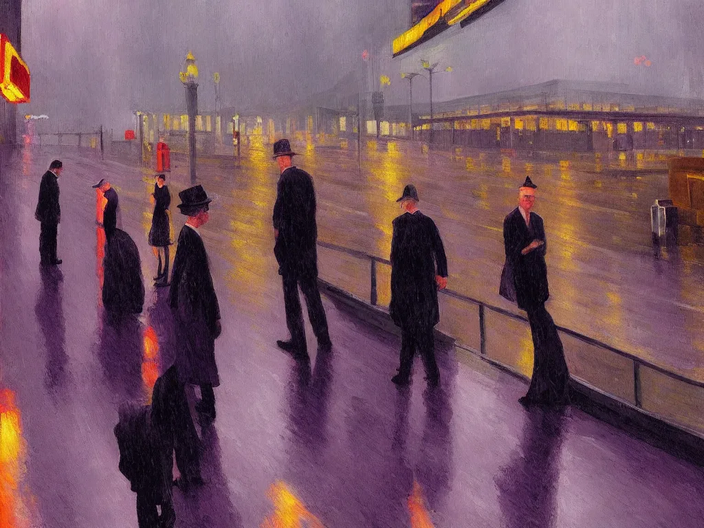 Prompt: cityscape view of new york city night, raining, purple storm skies, man with umbrella, ultra view angle view, realistic detailed painting by edward hopper