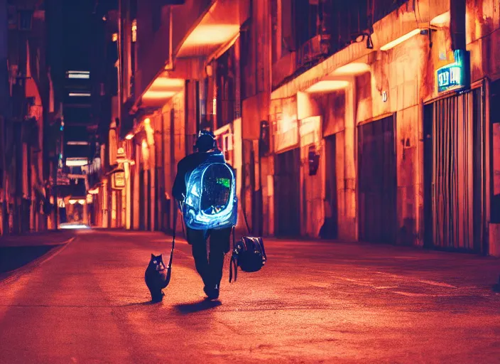 Image similar to photography of a Cat carrying a backpack . in a cyberpunk street. award winning photo, led lighting, night, 24mm, sharp, high res