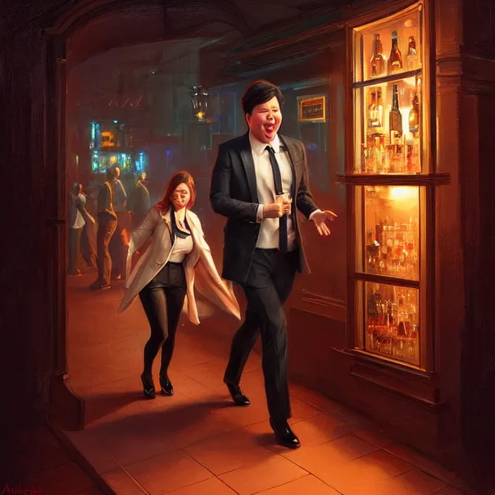 Image similar to michael mcintyre leaving a bar with with a singing waitress, elegant, real life skin, intricate artwork, high detailed, artstation, concept art, smooth, sharp focus, art by artgerm and greg rutkowski