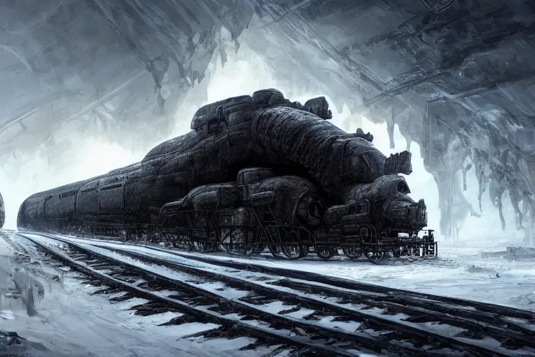 Prompt: a grand intricate futuristic black steam train and a giant mammoth, post - apocalyptic ice landscape in snowstorm, concept art, artstation, highly detailed, digital art