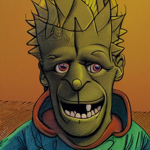 Prompt: illustration of bart simpson in the style of wayne barlowe