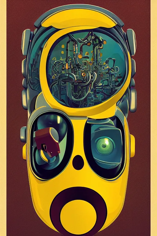 Image similar to portrait of a organic cyborg head covered in oil by pixar, centered, symmetrical, bilateral symmetry, 70s poster, polished, retro dark vintage sci-fi, 2D matte illustration