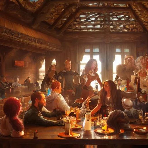 Image similar to a panorama of fantasy characters in a tavern, intricate, highly detailed, digital painting, artstation, smooth, sharp focus, illustration, 8 k, art by artgerm, greg rutkowski