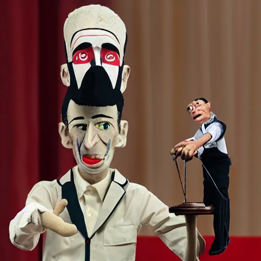 Image similar to mad puppeteer using marionette of a president in a podium