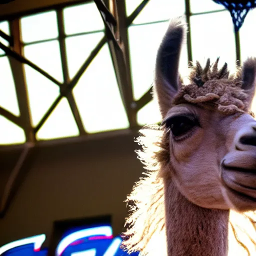 Image similar to film still of a llama in a jersey dunking a basketball like michael jordan, low angle, show from below, tilted frame, 3 5 °, dutch angle, extreme long shot, high detail, indoors, dramatic backlighting