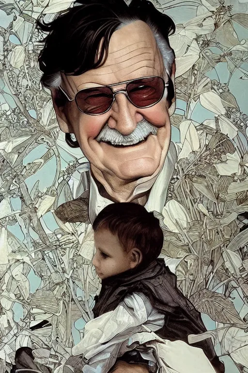 Image similar to full length a young Stan Lee on a caravaggio cloudy background, intricate, elegant, highly detailed, artstation, concept art, smooth, sharp focus, illustration, , digital art from artstation, digital art from deviantart, by Alphonse Mucha, Stjepan Sejic, Ruan Jia, and Mandy Jurgens, and Artgerm, maxfield parrish and william adolphe bouguereau