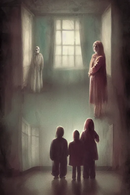 Image similar to an unsettling old colored family photograph, anxious people standing in a large haunted house, phantom ghosts in the background, cinematic, horror, photorealistic, vintage, artstation, painterly, expressive