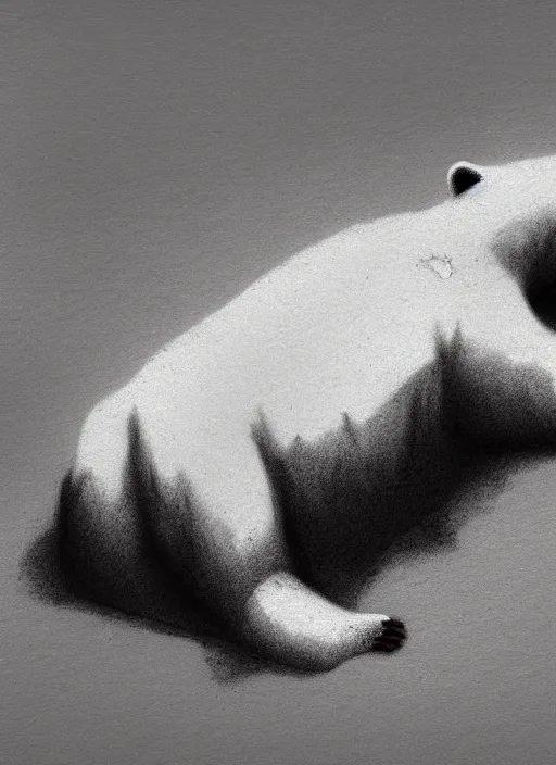 Image similar to dying polar bear on a desert, by greg rutkowski, trending on artstation, masterpiece, charcoal pencil, minimalist art