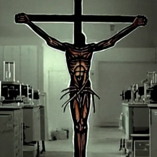 Image similar to an alien getting crucified in an experimental lab, found footage video