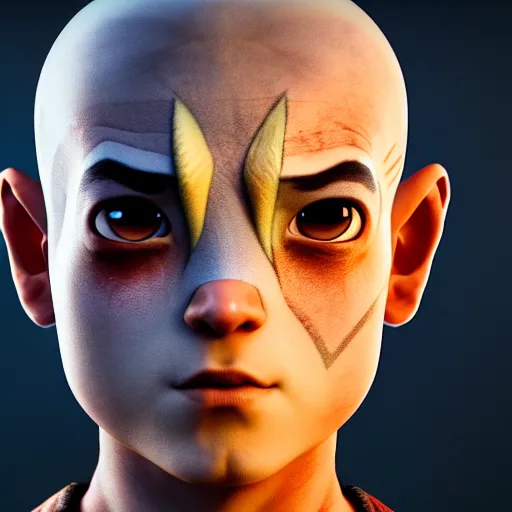 Image similar to a portrait of Aang from Avatar: The Last Airbender by Zack Snyder, Avatar the Last Airbender, 8k photorealistic, cinematic lighting, HD, high details, dramatic