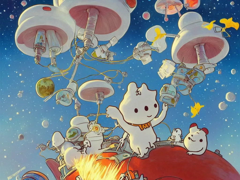 Prompt: moomins in space suits flying around with jetpacks discovering the mushroom planet, looking cute, photorealistic painting, movie still, warm colors, fluffy, cozy, low light, art by stanley lau and artgem and magali villeneuve and alphonse mucha, trending on artstation