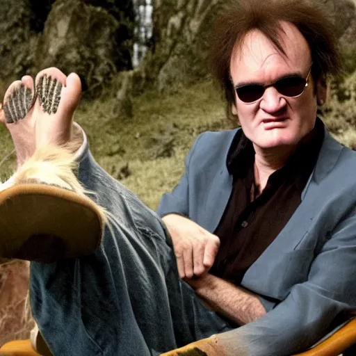 Image similar to quentin tarantino with big hairy feet outside of a hobbit hole