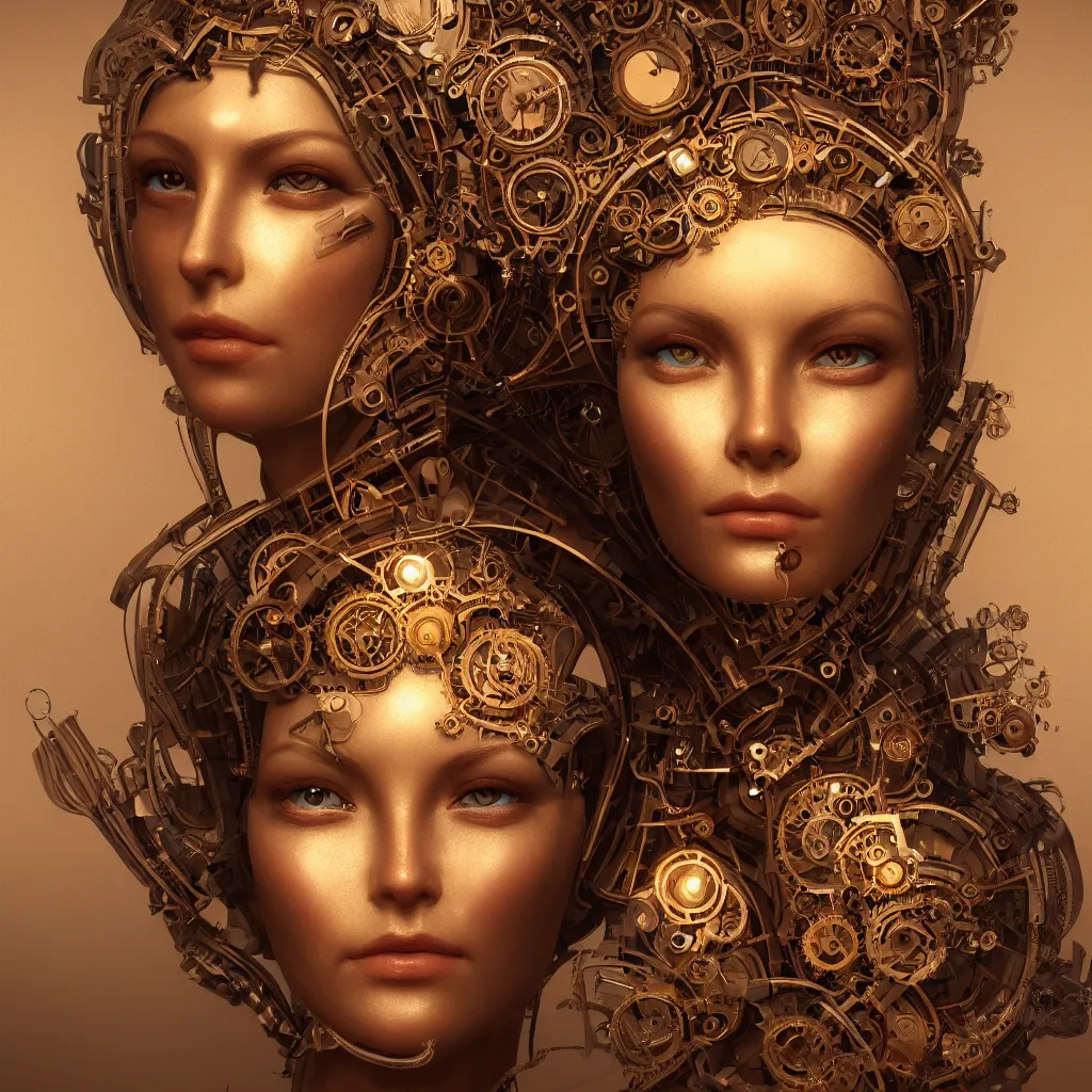Prompt: face portrait android woman time machine beautiful symmetrical face axonometric mechanical fantasy intricate elegant highly detailed in volumetric void of latent space, golden steampunk, high contrast cinematic light, mystical shadows, digital painting, smooth, sharp focus, divine realm of gods, octane render, photographic, concept art, artist leonardo davinci, unreal engine 8 k