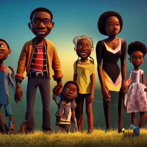 Image similar to stunning, coherent, impressive, still of black family, follow shot, 3d, in the style of pixar, comic book style, 3d, highly detailed, 16k resolution, octane renderer, coherent, cinematic lighting