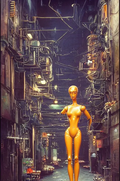 Prompt: a highly detailed retro futuristic female manikin made out of pasta standing in a dank alleyway from blade runner, a robot made out of pasta, arms and legs made out of spaghetti, body made out of rigatoni, beautiful highly symmetric face, painting by Peter Andrew Jones and Greg Hildebrandt