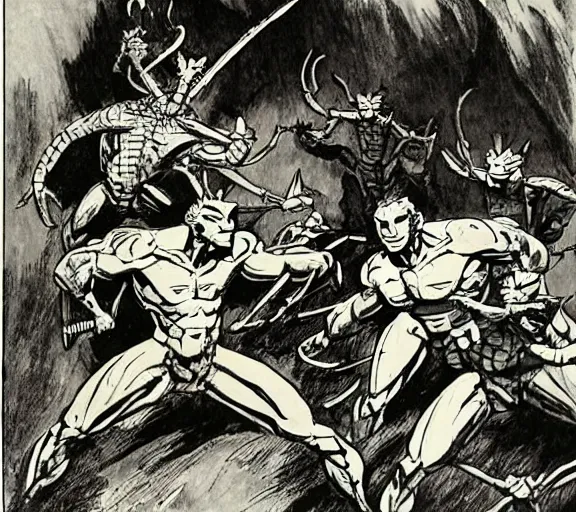 Prompt: four adventurers are chased by a group of mantis men, pen and ink, by frank Frazetta