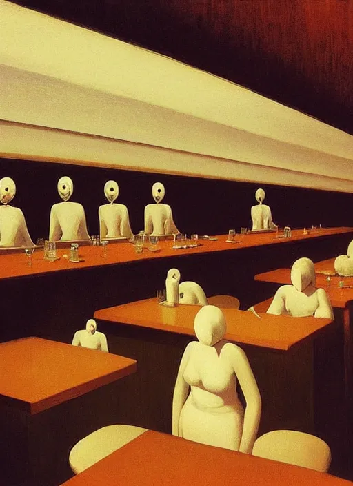 Prompt: faceless people at restaurant Edward Hopper and James Gilleard, Zdzislaw Beksinski highly detailed