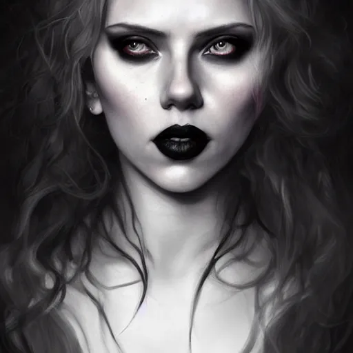 Prompt: detailed portrait of scarlett johansson as a cute undead goth girl, beautiful, fantasy, intricate, elegant, highly detailed, digital painting, artstation, concept art, matte, sharp focus, illustration, art by aenaluck, artgerm and roberto ferri and greg rutkowski, epic fantasy, digital painting