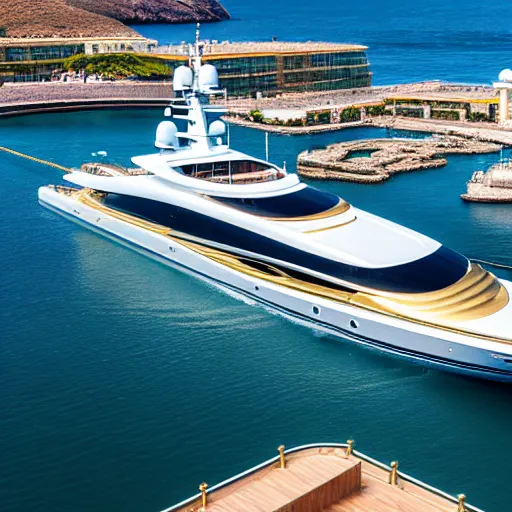 Prompt: gold plated mega yacht with two swimming pools and a helicopter landing pad, docked at harbor, clear and focused, elegant, photograph