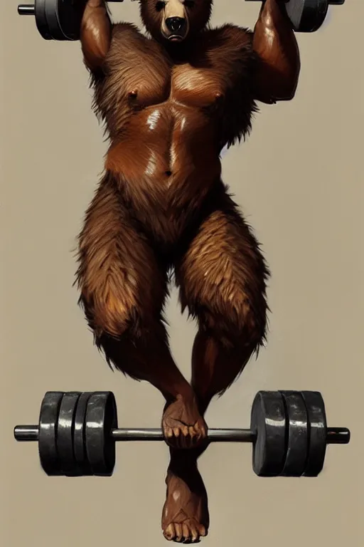 Prompt: anthro bear lifting weights, dim dingy gym, dynamic pose, fantasy, intricate, elegant, highly detailed, digital painting, artstation, concept art, matte, sharp focus, illustration, art by artgerm and greg rutkowski and alphonse mucha