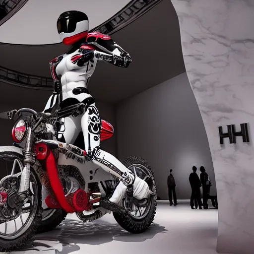 Prompt: a hyper detailed realistic cinematic lit scene in the guggenheim museum of a white armless marble statue of a woman, with a motorcycle in background with motocross colors and corporate logos in the style of virgil abloh, offwhite, louis vuitton, denoise, vogue, brooklyn museum, catalog