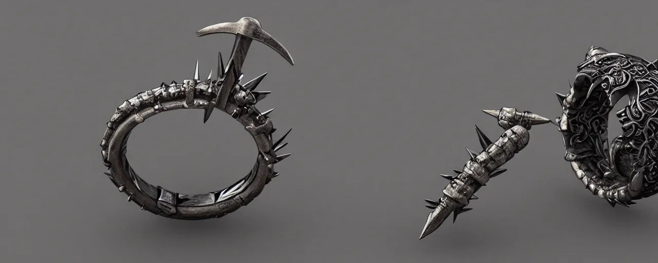 Image similar to wooden ring with spikes, ring, wood, steel, sword, smooth shank, engravings, product design, jewelry, art by gerald brom, greg rutkowski and artgerm and james jean and zdzisław beksinski, 8 k, unreal engine, c 4 d