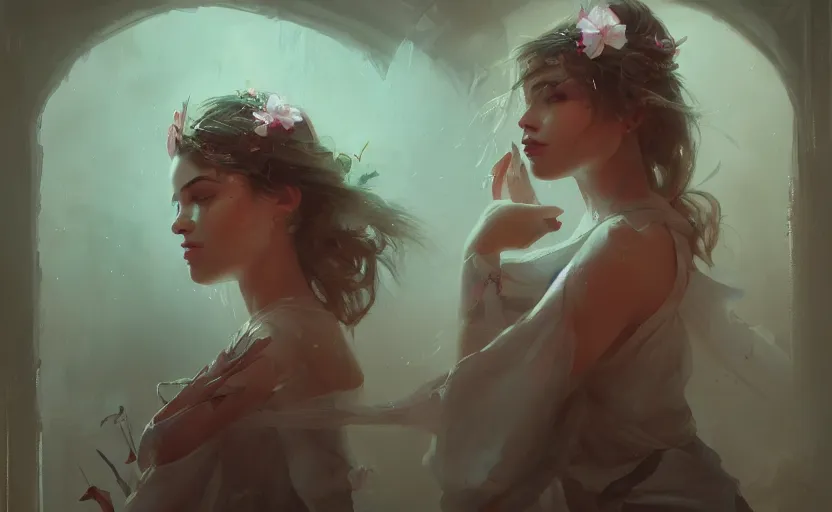 Prompt: a painting of jasmine trending on artstation in the style of greg rutkowski, beautiful, sensual, flower, portrait, adorable, alter
