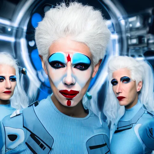 Image similar to troop of freak show women with white hair, white hair, tight light blue neopren suits, futuristic production facility, sci - fi, highly detailed, cinematic