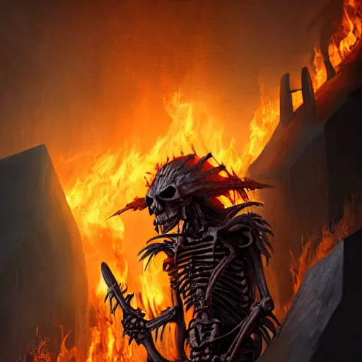 Prompt: a highly detailed cloaked skeleton demon holding a spear watching a house on fire, firestorm, burning village, highly detailed digital art, cinematic, hyper realism, oil on canvas, trending on Artstation, octane render