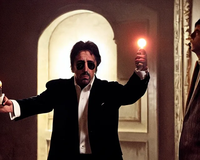 Image similar to mafioso ( al pacino ) examines a magical glowing object ; scene from the modern hbo mini series / the outfit /, a supernatural mafia crime thriller about magical monster - hunting mafiosi in philadelphia, hd 8 k film photography, with modern supernatural horror aesthetic.