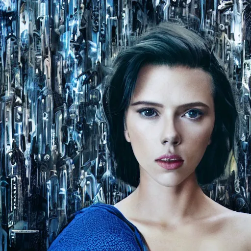 Image similar to a beautiful medium - shot of scarlett johansson looking off into the distance, black hairs with sleek angled bob hairstyle, in the style of ghost in the shell, ultra realistic, soft, blue hour, soft neons light from night city falling on her face. focus on her eyes and brows. by annie leibowitz