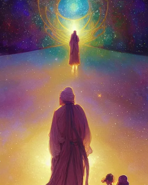 Image similar to bedouin man and woman and child, quran falling from the sky in galaxy walking towards mosque surrounded by nebula, highly detailed, gold filigree, romantic storybook fantasy, soft cinematic lighting, award, disney concept art watercolor illustration by mandy jurgens and alphonse mucha and alena aenami, pastel color palette, featured on artstation