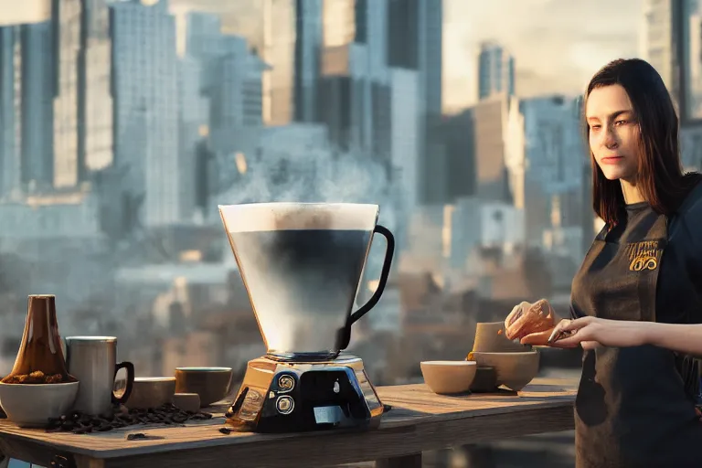 Image similar to hyperrealistic portrait of stunningly beautiful female nordic barista, brewing a V60 coffee outdoor, lit by dawn light, busy city on background, trending on artstation,ultrawide angle, f8 , polarizer , unreal engine