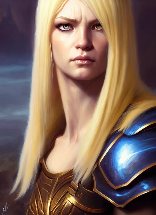 Image similar to a _ fantasy _ style _ portrait _ painting _ of timid white female paladin with blonde hair and blue eyes,, scar under left eye, holy oil _ painting _ unreal _ 5 _ daz. _ rpg _ portrait _ extremely _ detailed _ artgerm _ greg _ rutkowski _ greg