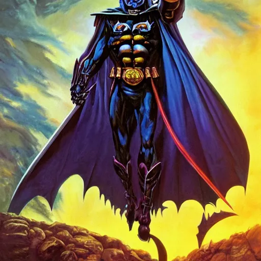 Image similar to oil painting of skeletor as batman, art by jeff easley, 4 k, dnd magazine cover, fantasy, highly detailed, epic lighting