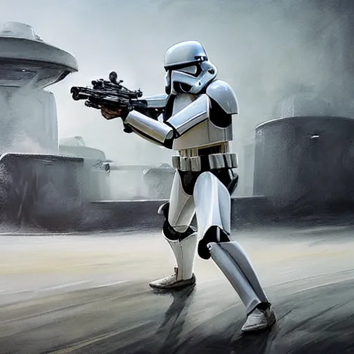 Image similar to an extremely long shot of an imperial stormtrooper in battle position ready to shoot his blaster concept art by Doug Chiang cinematic, realistic painting, high definition, very detailed, extremely high detail, photo realistic, concept art, the Mandalorian concept art style