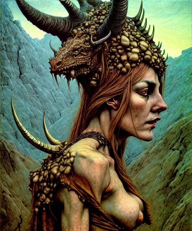 Prompt: A detailed horned dragonwoman stands among the hills. Wearing a ripped mantle, robe. Perfect faces, extremely high details, realistic, fantasy art, solo, masterpiece, art by Zdzisław Beksiński, Arthur Rackham, Dariusz Zawadzki