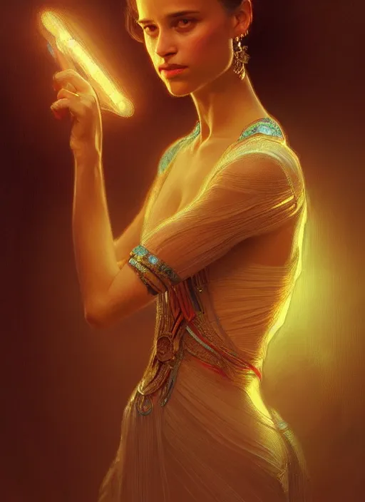 Prompt: portrait of alicia vikander, intricate, elegant, glowing lights, highly detailed, digital painting, artstation, glamor pose, concept art, smooth, sharp focus, illustration, art by wlop, alphonse mucha and craig mullins